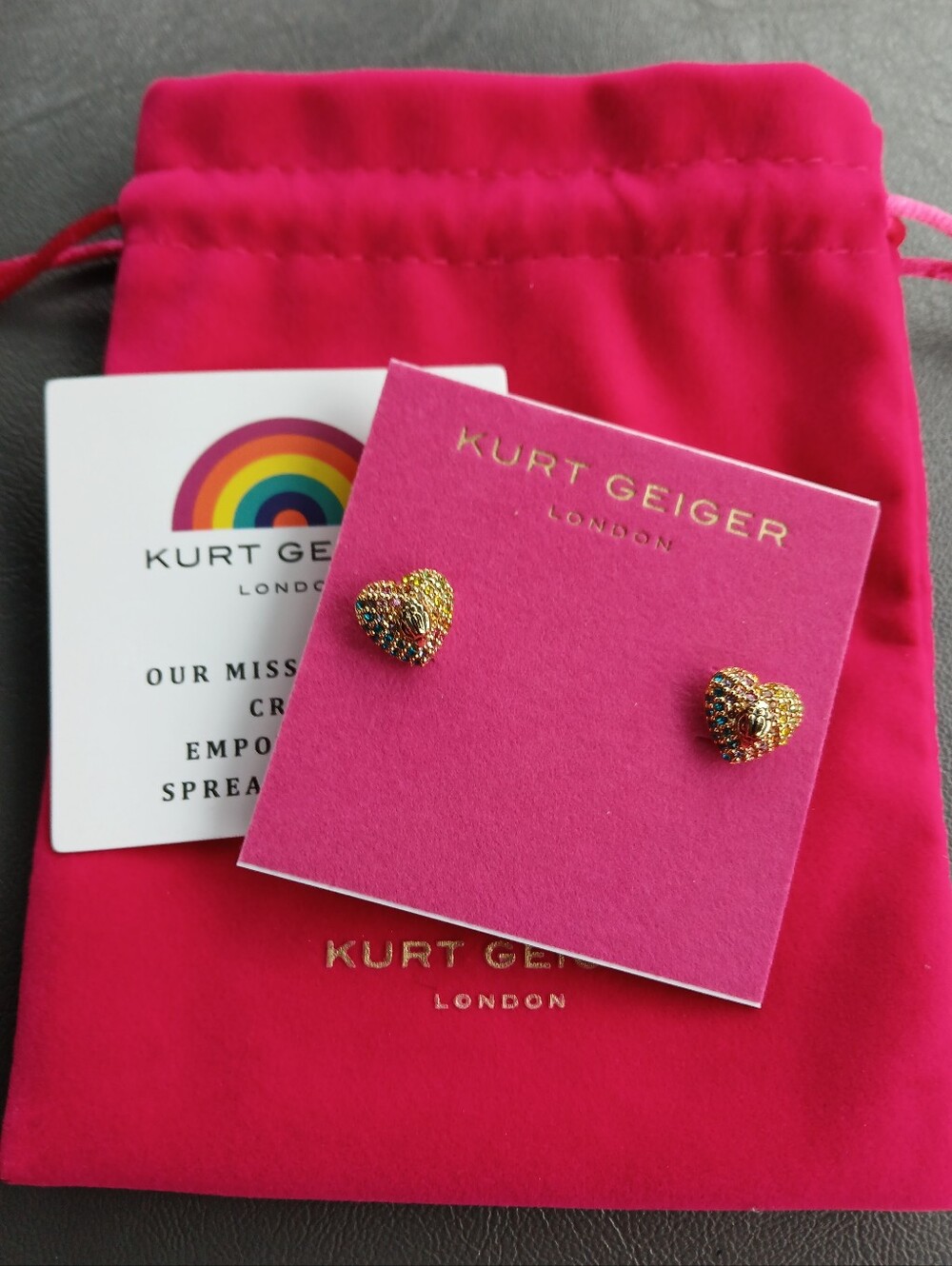 Kurt Geiger NWT Rainbow Heart Stud Earrings & Dustbag